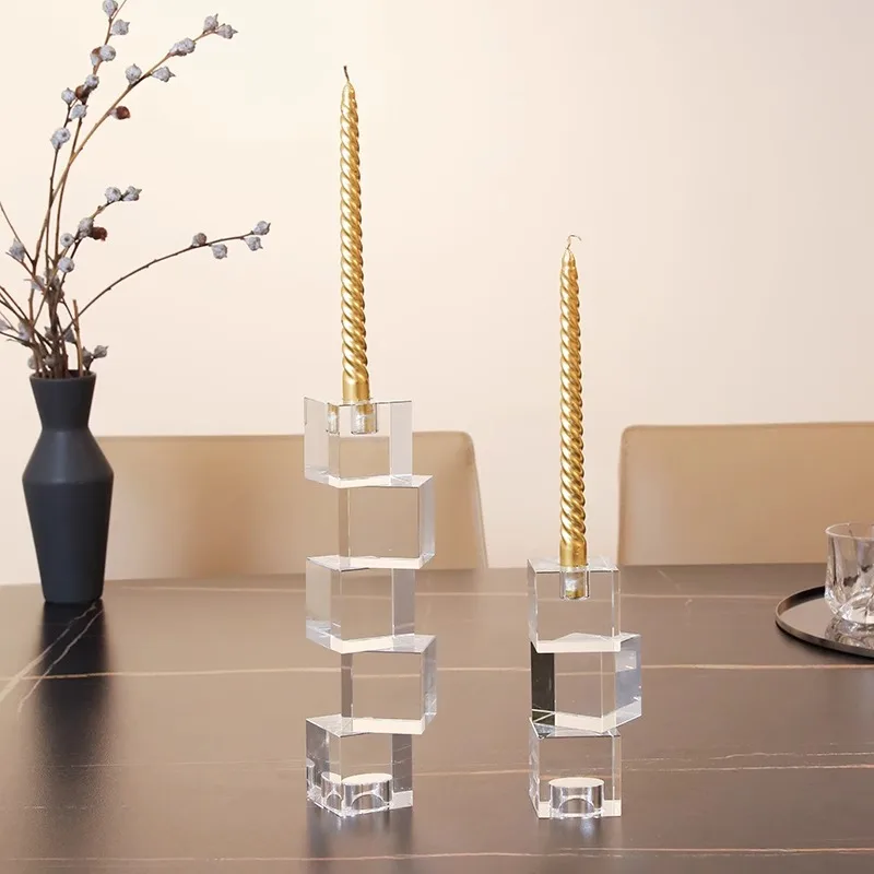 Modern Stack‑Block Crystal Tealight Candle Holder, Clear Geometric Glass Candlestick for Elegant Tabletop Home Accent Decor