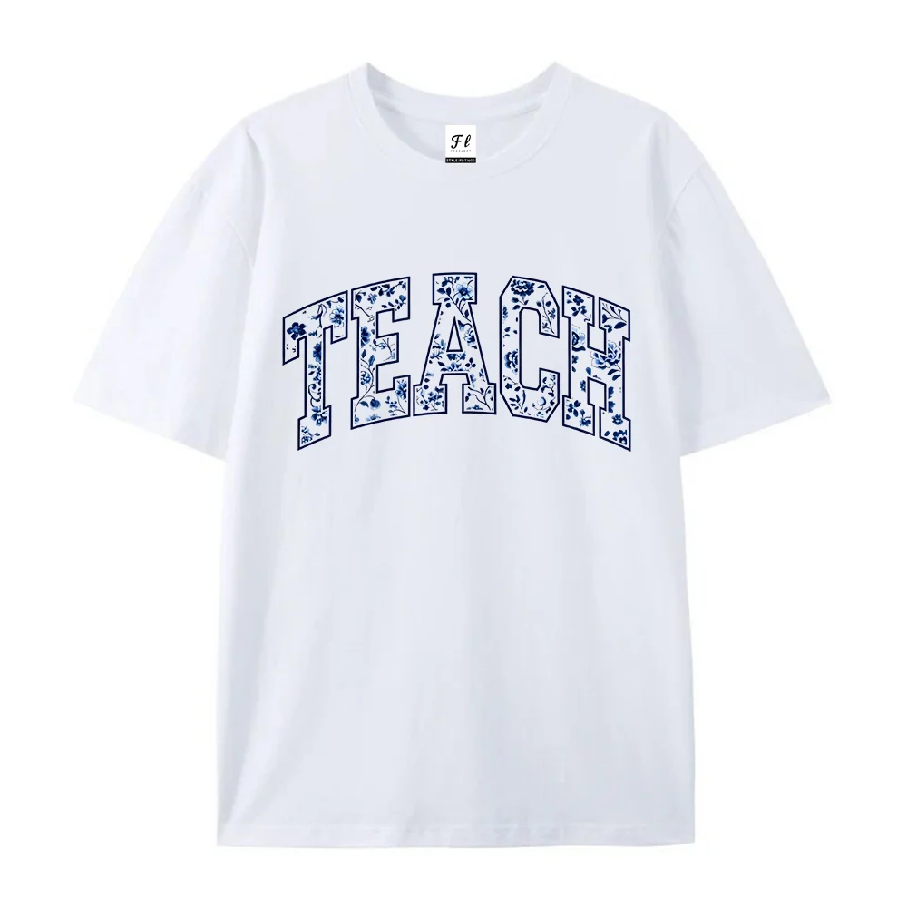 Women  TEACH Floral Letter Print T Shirt Teacher Life Appreciation Gift Short Sleeve Casual  Loose Cotton Tops