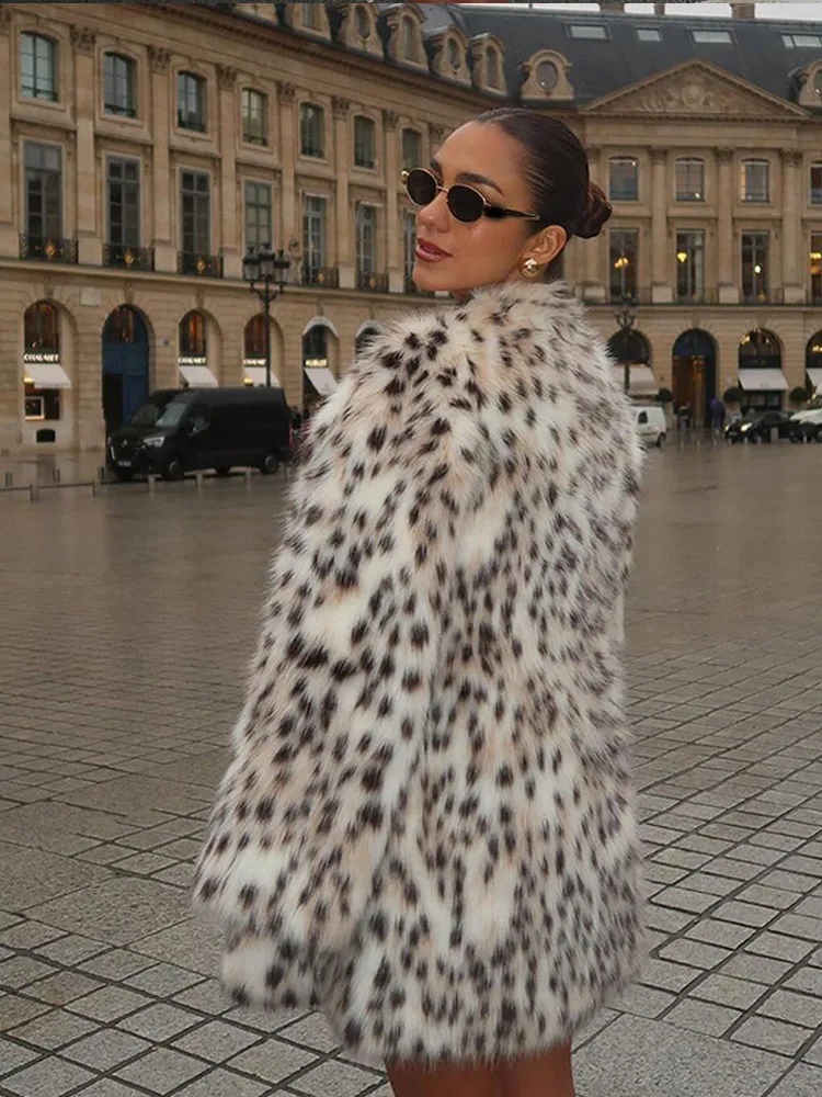 Luxurious Leopard Print Loose Faux Fur Coat For Women Fashiono-neck Long Sleeved Thick Warm Jacket Chic Ladies Fluffy Streetwear