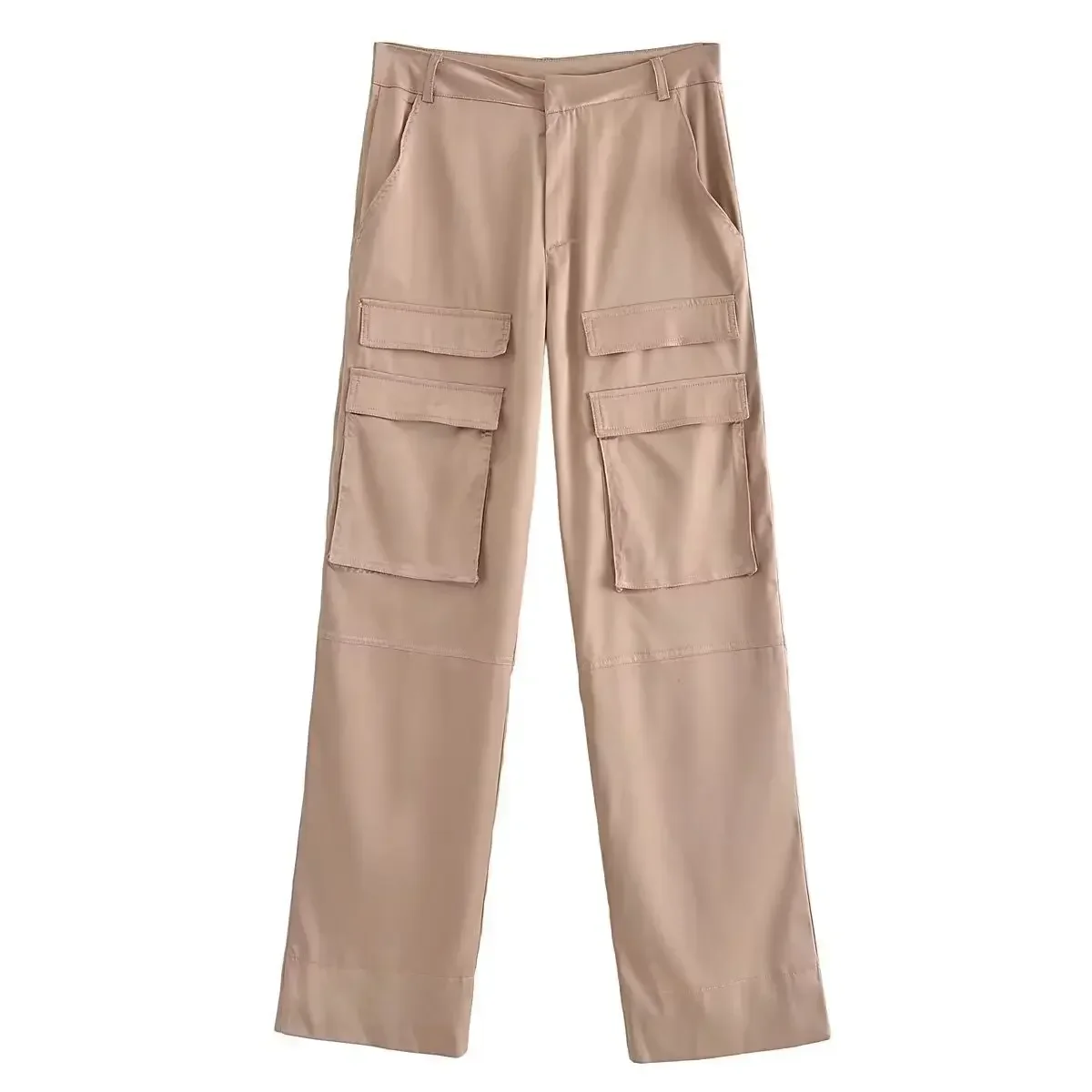 Pantalon cargo taille haute pour femme avec décoration de poche rabattable, satin décontracté, fermeture éclair, rétro, bergame, nouvelle mode, 2024