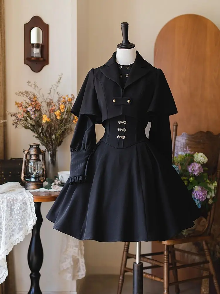 

Элегантный французский ретро-готический рыцарский наряд, женская короткая куртка + рубашка + юбка на бретелях, новый модный черный винтажный комплект из трех предметов, осень