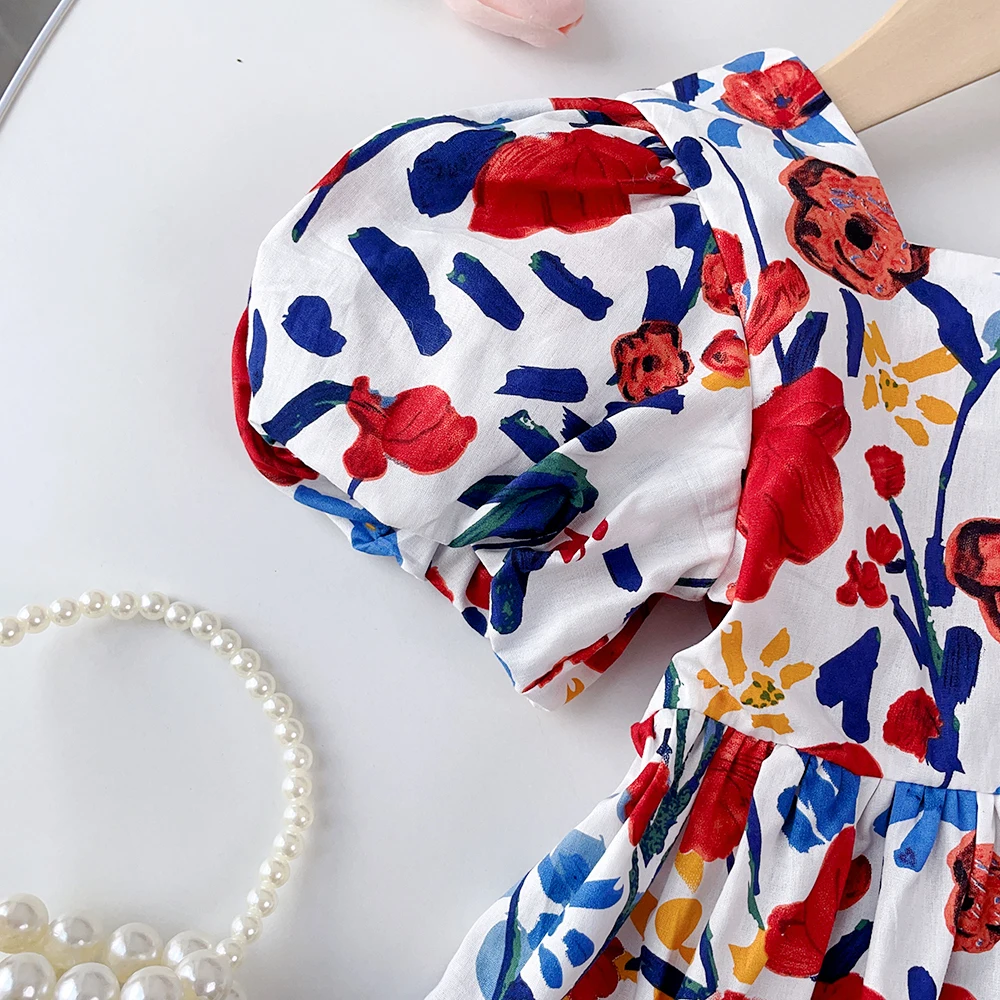 3-7 سنوات الفتيات الصيف موضة جديدة الملابس الحلوة طباعة نفخة الأكمام القوس عارية الذراعين فستان الأميرة 1 قطعة الاطفال ملابس لطيف للحفلات