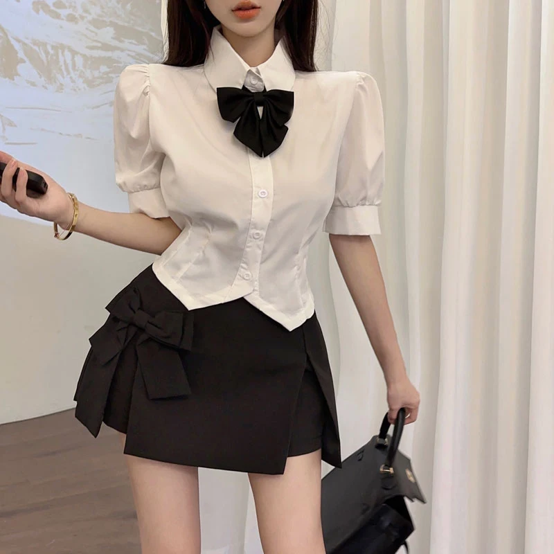 

Женская рубашка с эффектом похудения, с воротником и пышными рукавами, однотонная, летняя коллекция Sweet Sle