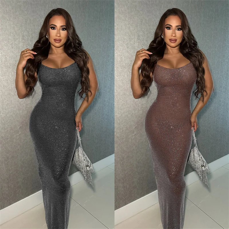 Doyerl Sparkly Diamonds Birthday Dresses Luxury Women Birthday Night Club Mesh Sheer Backless Sheath Party Prom Long Dress Robes