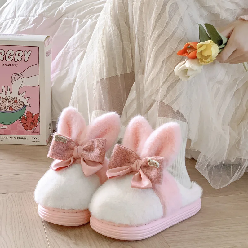 Pink Faux Rabbit Fur Clog Slippers Women Slides Shoes Plush Non-Slip Home Slippers Woman Bedroom Shoes Fluffy Bunny Ear Slippers