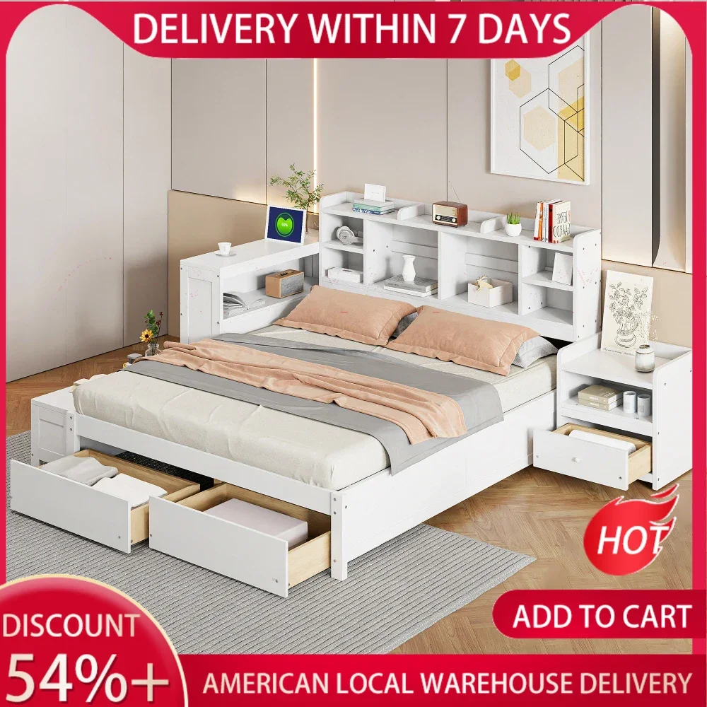 

Full Storage Bed Frame with USB Ports &Desk,Wooden Platform Bed， Nightstand & 2 Drawers,Bookcase Headboard for Bedroom,White