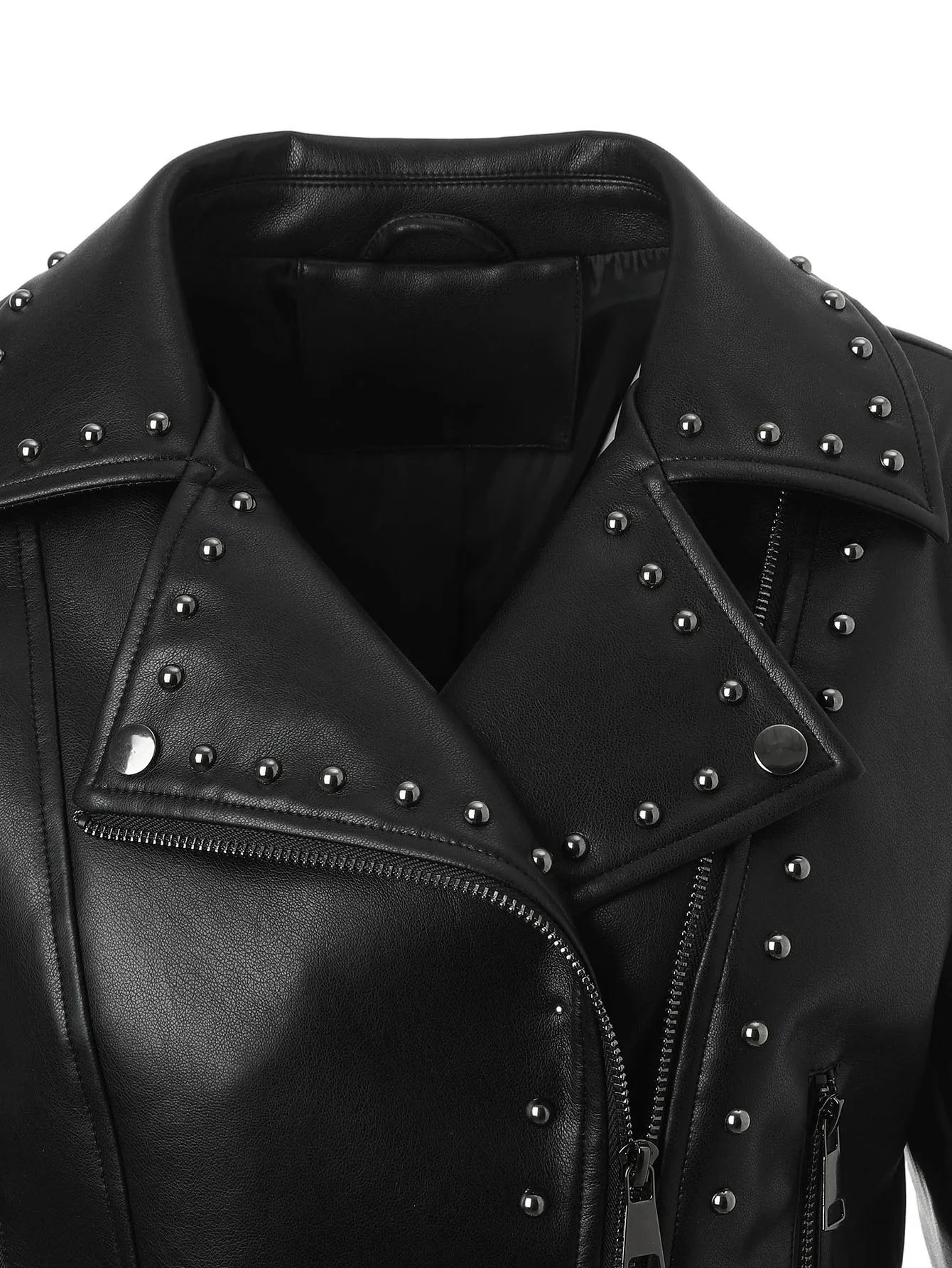 سترة Rock Chic من الجلد النباتي - معطف بياقة واقفة متعدد المرصع، مقاس نحيف وحزام قابل للتعديل على طراز راكبي الدراجات (أونيكس) ⚡