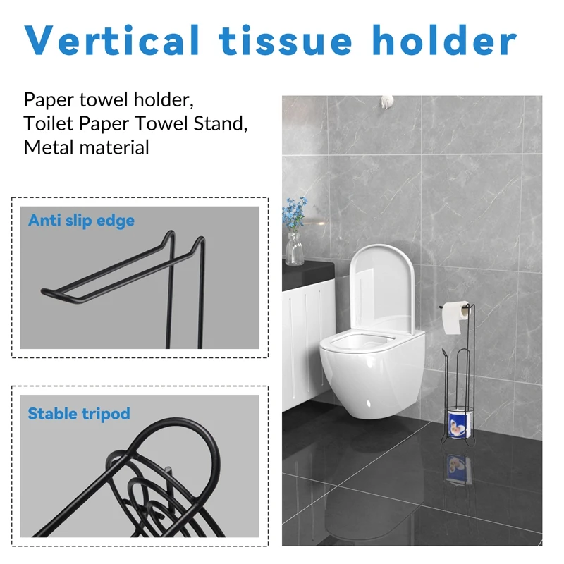 Stainless Steel Floor Standing Paper Roll Towel Holder Stand Organizer Toilet Paper Rack Bathroom Vertical Storage Bask-A55K view 2