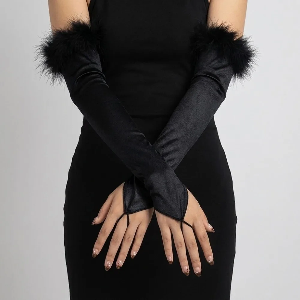 Fashion Silk Feather Gloves Fingerless Transparent Mesh Mittens Thin Long Bridal Gown Accessories Photography