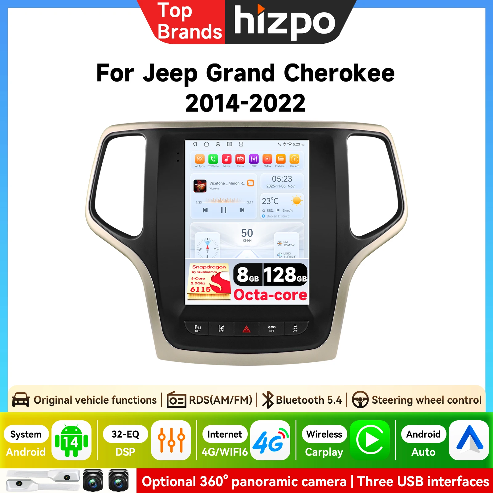 Hizpo 9,7 pouces pour Jeep Grand Cherokee 2014 - 2022 Autoradio style Android 15 Carplay Lecteur multimédia 2din GPS Auto Stéréo DVD