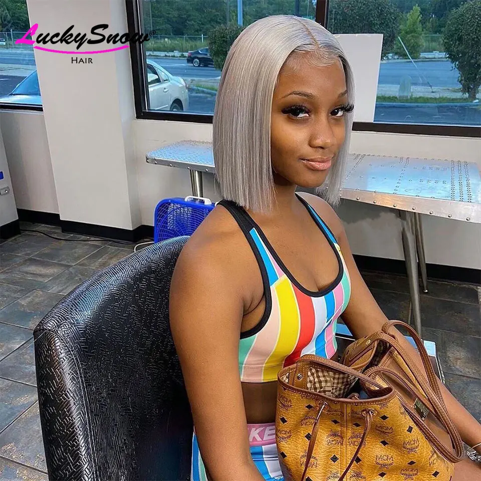 

100% Human Colored Grey Straight Short Bob Transparent Lace Frontal Wigs Brazilian Hair Wig For Women High Quality Ready To Wear