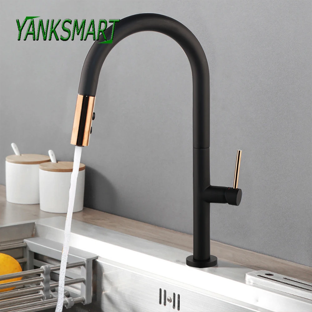 YANKSMART Kitchen Faucet Rose Gold And Black Basin Sink Mixer Water Tap 360 Degree Rotation 2 Functon Modes Pull Out Spout Taps