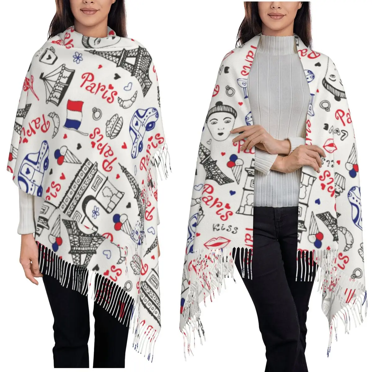 

France Paris Eiffel Tower Comic Painting Scenic Area Scarf Tassel Scarves Warm Shawls and Wraps Large Fall Winter Shawl Wrap