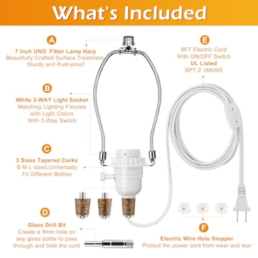 Make a Lamp or Rewire Kit, DIY Bottle Lamp Wiring Kit Includes 3-Way Light Socket, Electric Cord, Glass Drill Bit, Bottle Corks