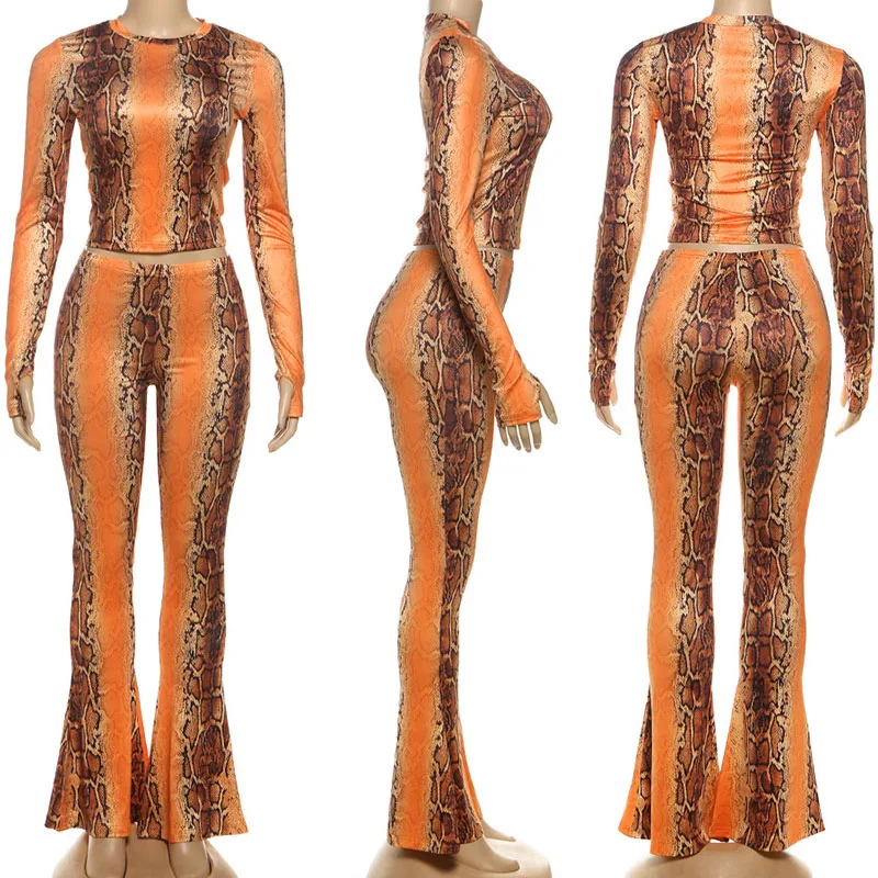 Set da 2 pezzi con stampa serpente sexy Completo da club per donna Top corto a maniche lunghe e pantaloni svasati Festa notturna Compleanno Novità in set coordinati