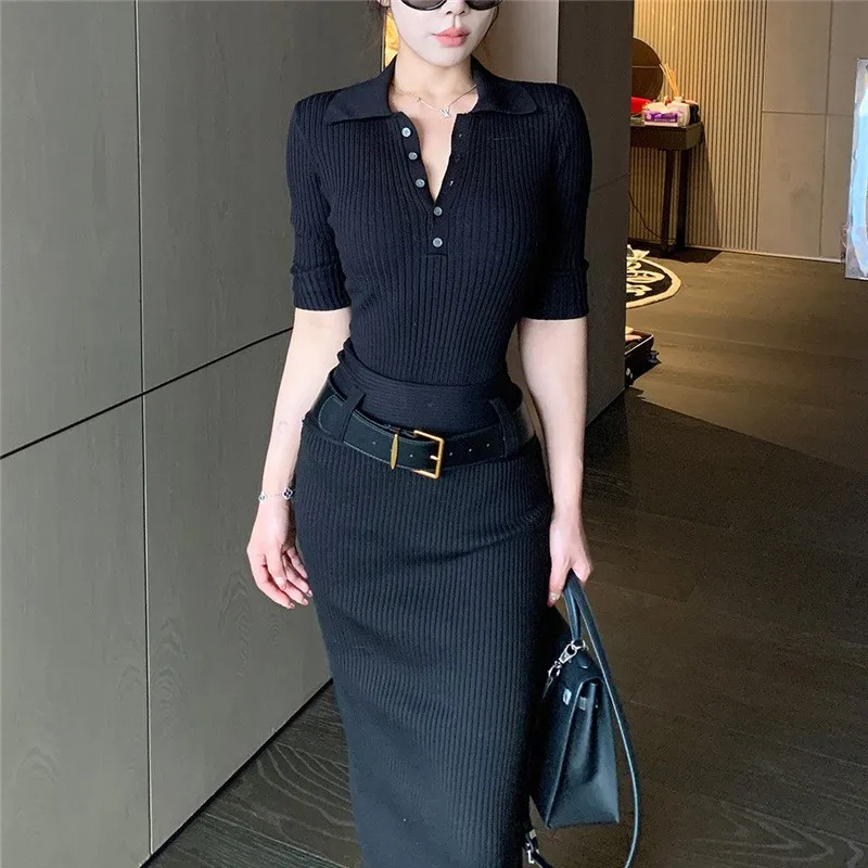 Black dress with belt summer Polo neck slim slit long  robe longue femmes long dresses