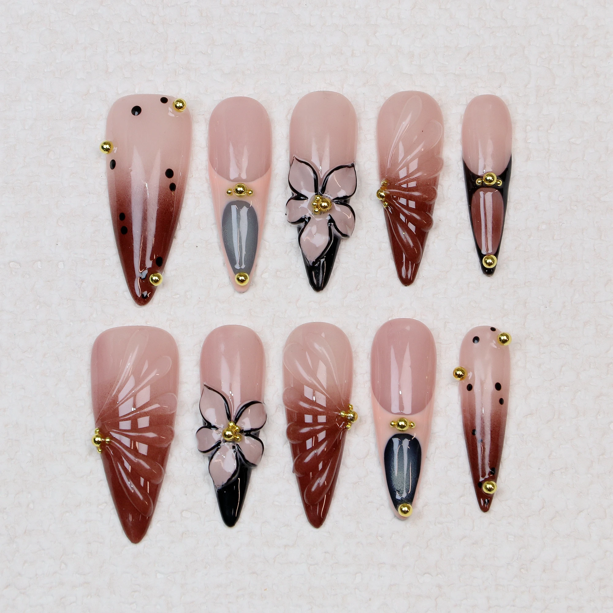 

10Pcs Handpainted Manicure Long Stiletto Fake Nails Unique 3D Flower Press On Nails Design with Adhesive Nail File Set