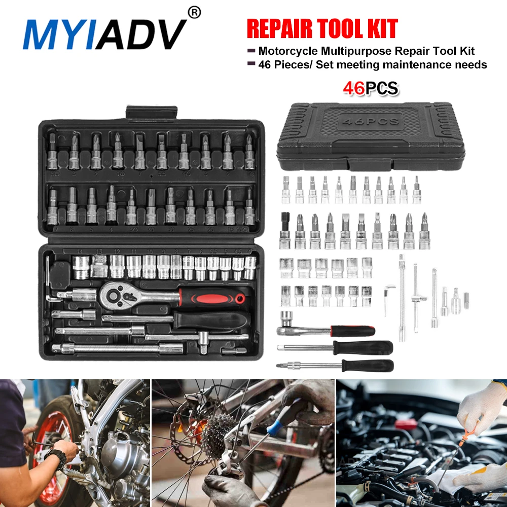 

46 Pieces Motorcycle Multipurpose Repair Tool Kit 1/4-Inch Socket Portable Screwdriver Maintenance Wrench For Bicycle Motorbikes