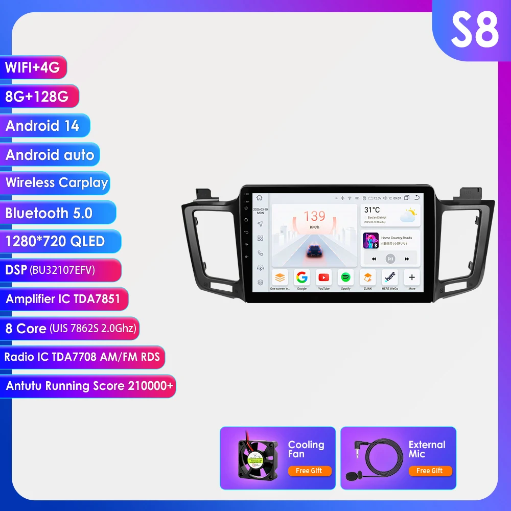 Hizpo 8-Core 8+128G Auto Intelligent Systeem voor Toyota RAV4 2013 - 2017 Hoofdunit Smart Monitor Bluetooth SWC Android 14 QLED Scherm