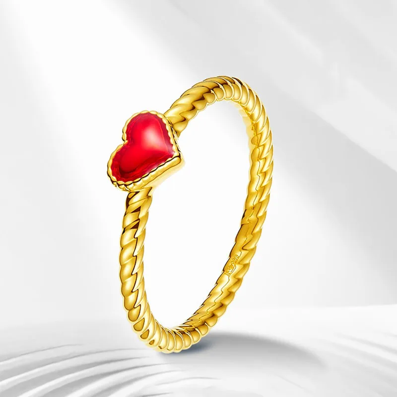 1PCS Pure 999 24K Yellow Gold Ring For Women 5D Light Red Paint Loving Heart Twist Carved Band Ring US Size 5-9