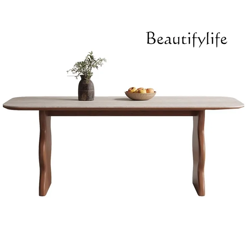 French retro travertine rock slab small apartment solid wood oval designer dining table walnut dining table