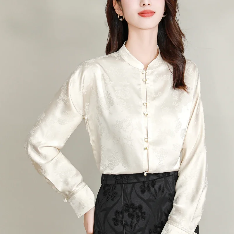 Women's Chinese Style Silk Shirt, Satin Blouses, Loose Prints Clothing, Long Sleeves, Floral Women Tops, Spring, Summe