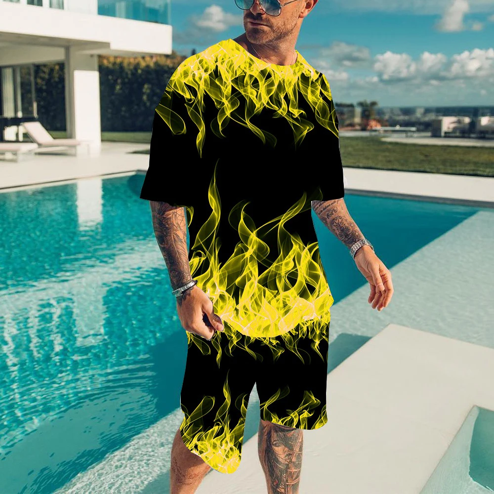 New Fire Tracksuit Flame 3D Print Men Women Fashion Short Sleeve T-Shirts Shorts Sets Streetwear Sportswear Kids Suits Clothing