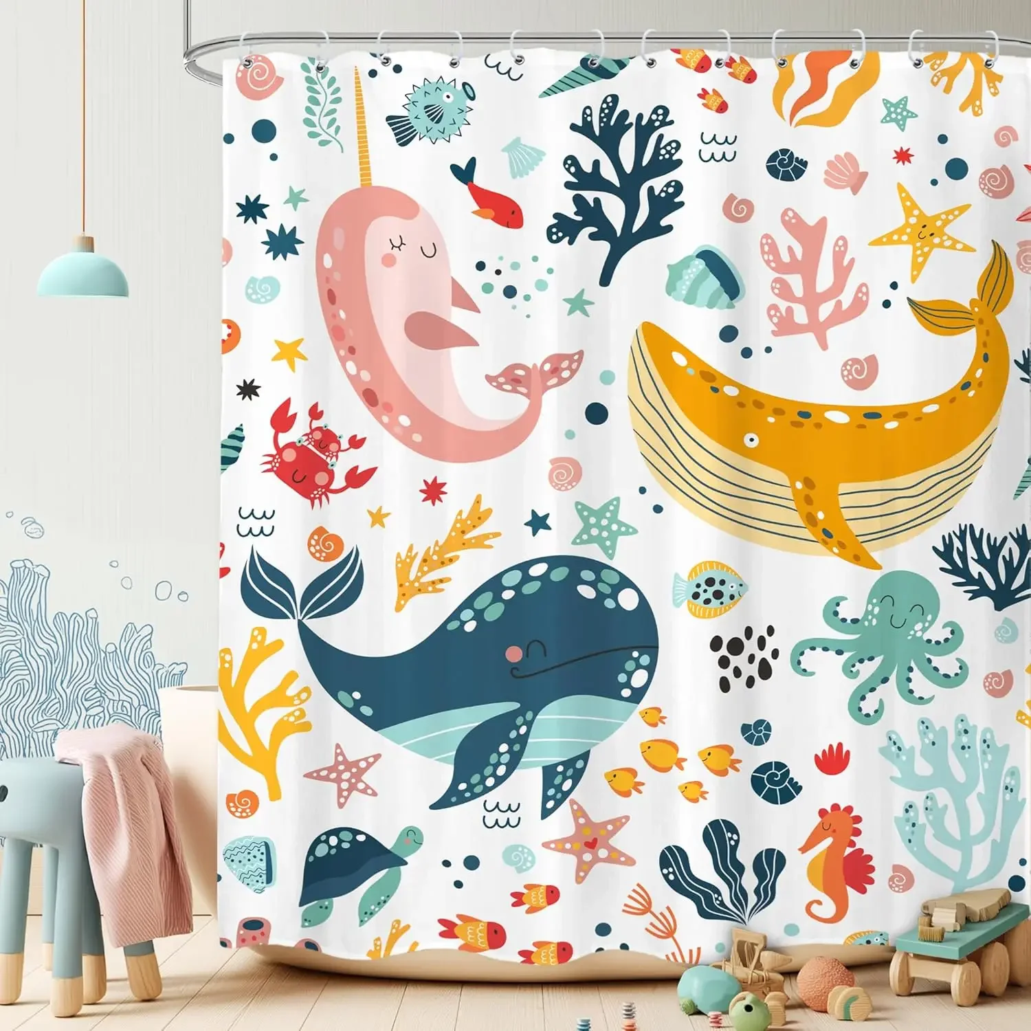 Kids Whale Shower Curtain Bathroom Sets Fish Ocean Sealife Underwater Coral Starfish Cute Cartoon Unisex Neutral Bath