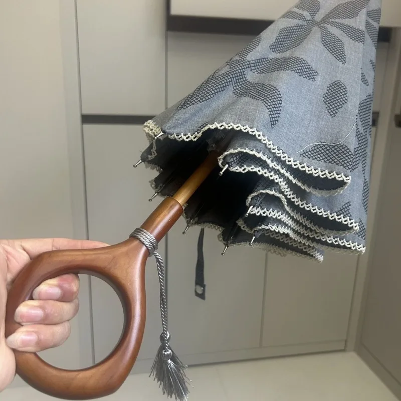 

8 Bones Grey Sunshade Umbrella UV Blocking Wooden Long Handle Umbrellas Sun Protection Manual Portable Umbrellas Sunshade