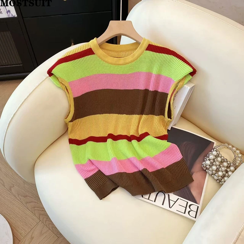 

Summer Women Striped Knit Sweater Vests Fashion Stylish Chic Loose Tops Knitwear Sleeveless O-neck Ladies Jumpers Tees 2025