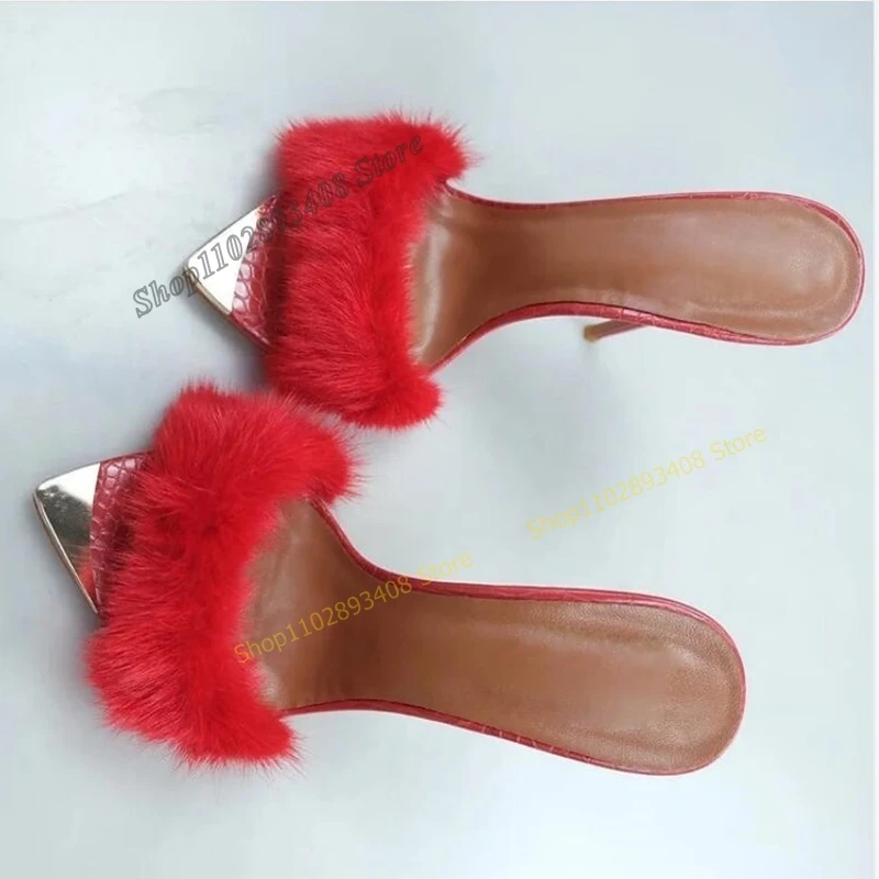 Red Color Fur Decor Slippers Peep Toe Solid Stiletto High Heel Slip on Women Shoes 2023 Summer Fashion Sexy Zapatos Para Mujere