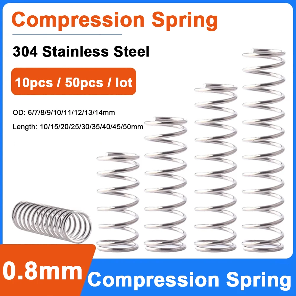 10pcs/50pcs/lot 0.8mm Stainless Steel Micro Small Compression Spring OD 6mm/7mm/8mm/9mm/10mm/11mm/12/13/14mm Length 10mm to 50mm