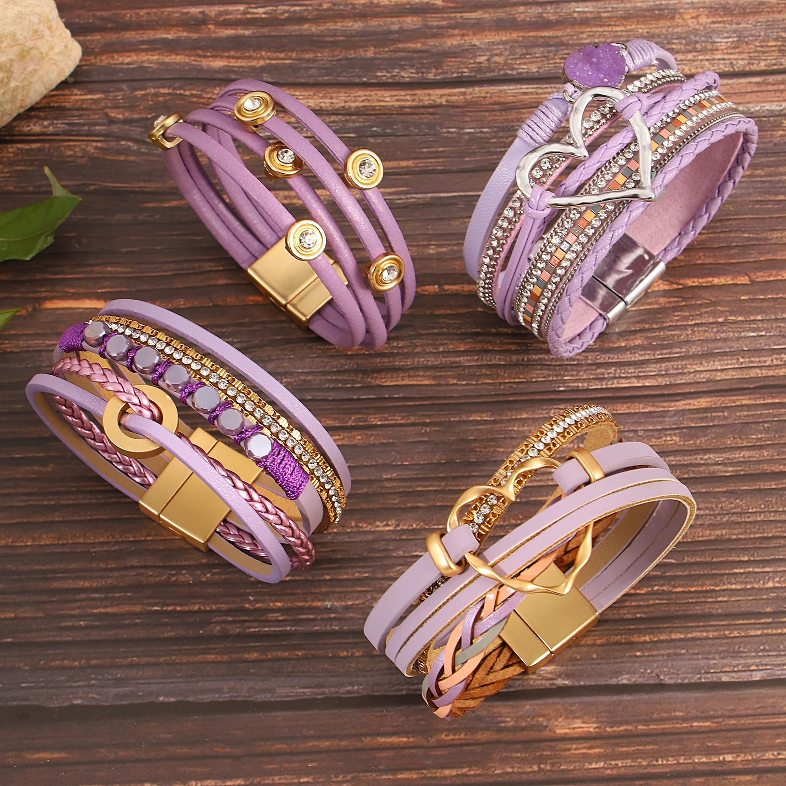 

Amorcome Bohemian Stackable Woven Leather Bracelet for Women Hollow Heart Irregular Metal Buckle Bracelet Party Jewelry Gift