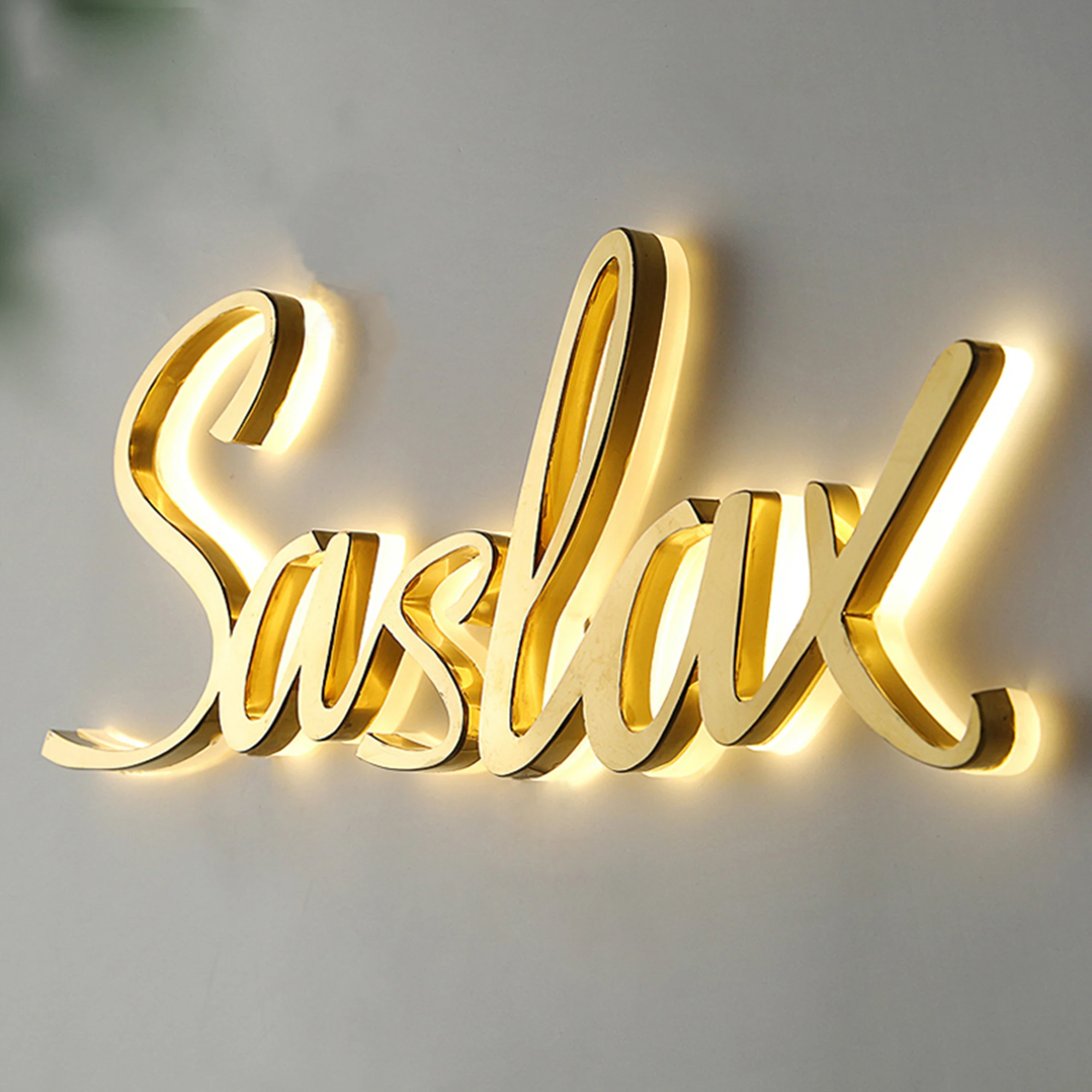 

Custom wholesale indoor halo illuminated mirror brass channel letters sign 3d LED logo indoor signage lobby office