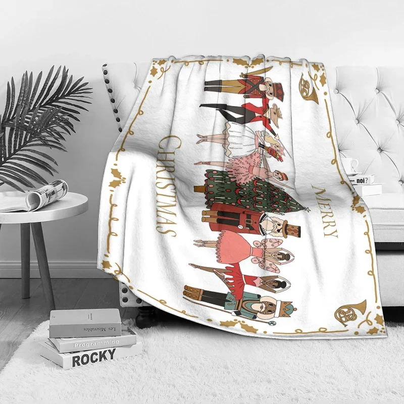 Nutcracker Ballet Christmas Fleece Blanket, White with Gold Holly Design, Character Collection for Elegant Holiday Decor