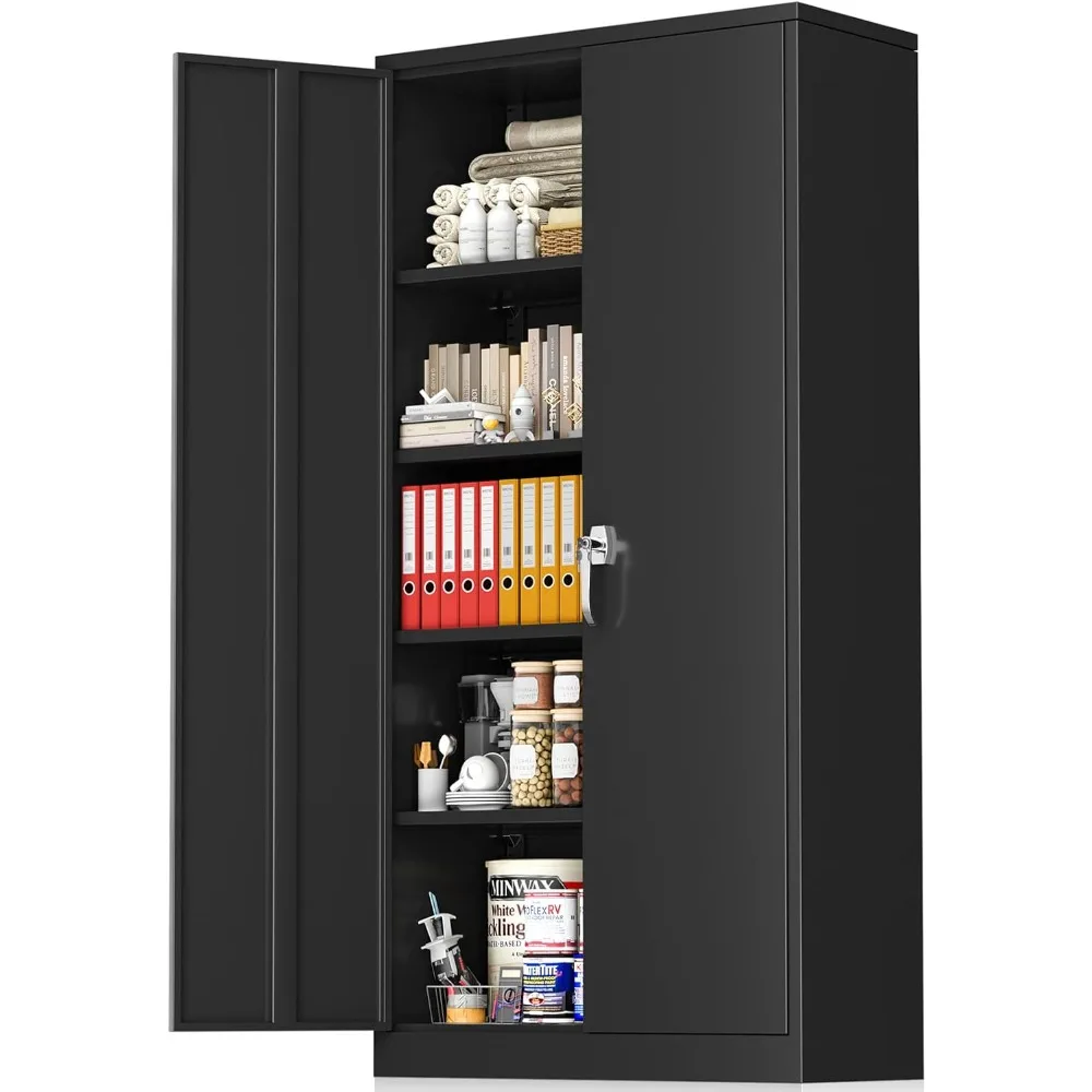 Storage Cabinet, 72” Black Garage Steel Locking Cabinet with Doors and 4 Adjustable Shelves,