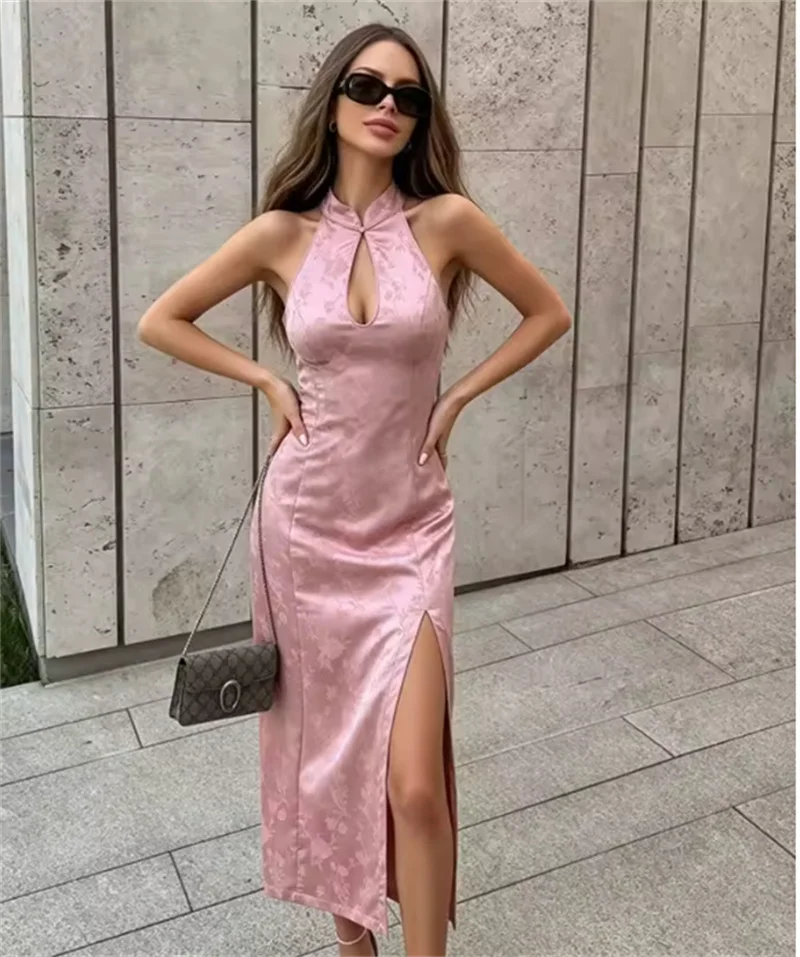 Guobioziy 2026 Summer New Women's Dress Pink Jacquard Halter Neck Hollow Long Dress Elegant and Graceful Beach Vacation - view 5