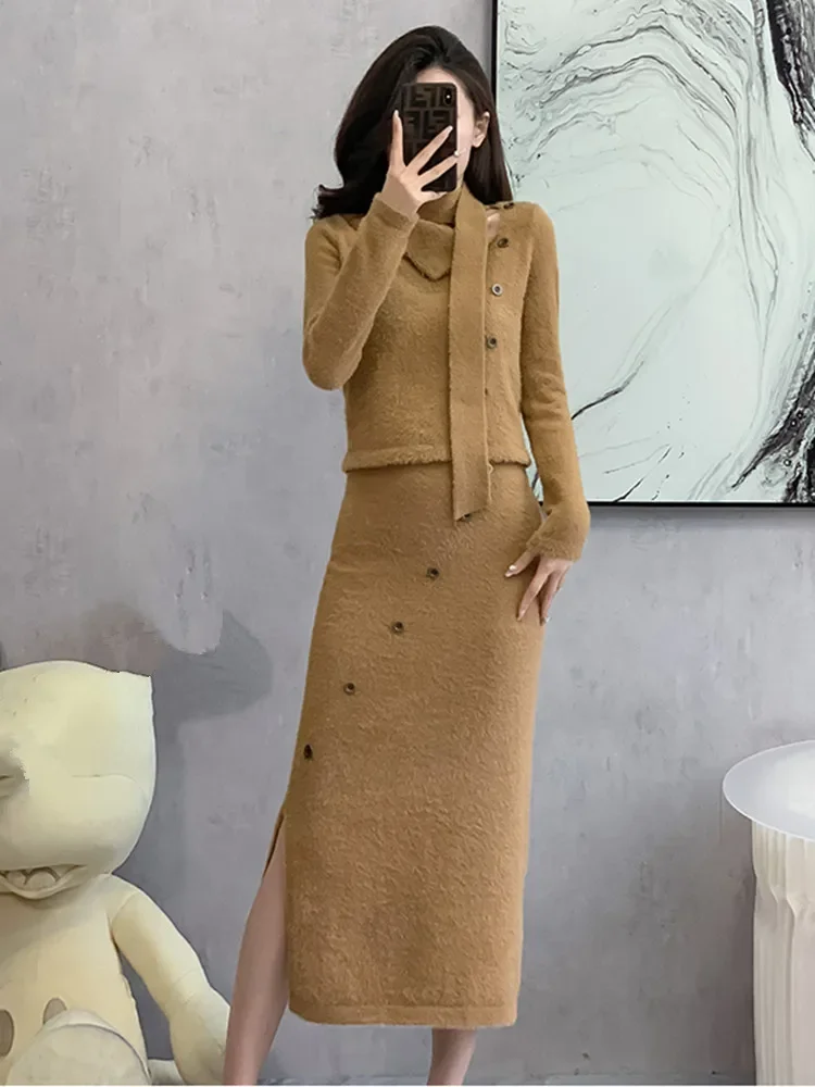 New Elegant 2 Piece Sets Women Outfit Knitted Office Lady Fashion Skew Collar Pullover Sweater Tops + Long Skirt Women\'s Suit