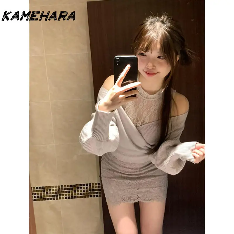 

KAMEHARA Japanese Lace Neck Knitted Sweater Autumn High Waisted Hip Hugging Skirt Sexy Off Shoulder Sweater Sweet Two Piece Sets