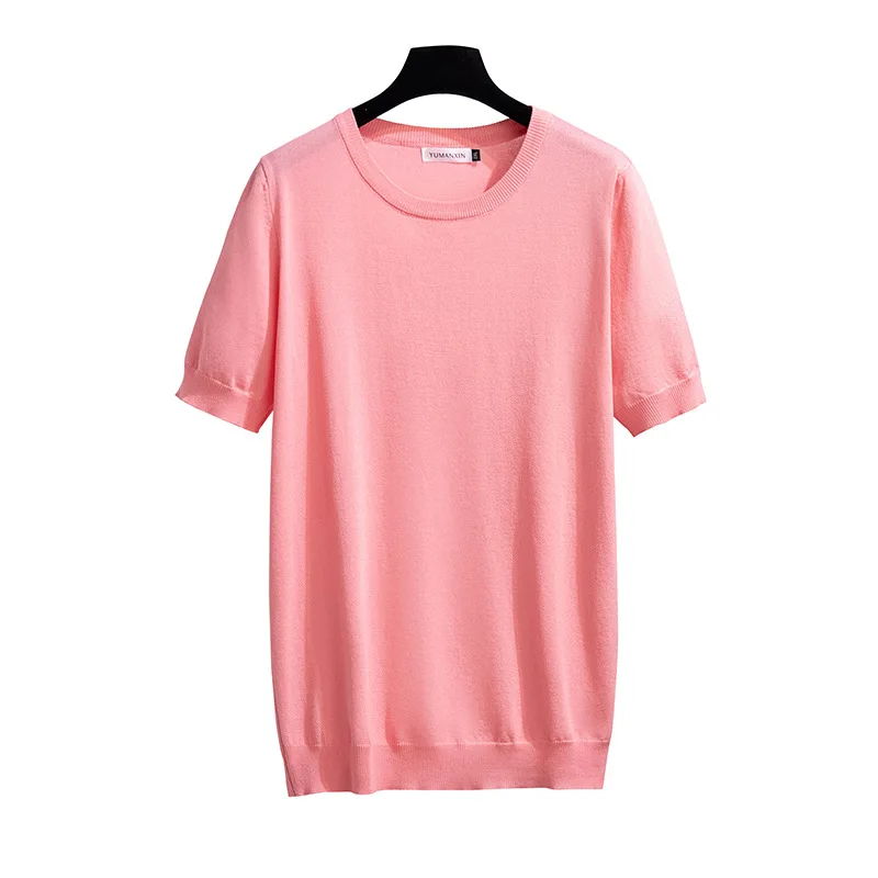 Large Size Women Clothing Solid Ice Silk Knitted T Shirt Women Cool Show Thin 150kg Short Sleeve T-shirt Women Oversized T Shirt