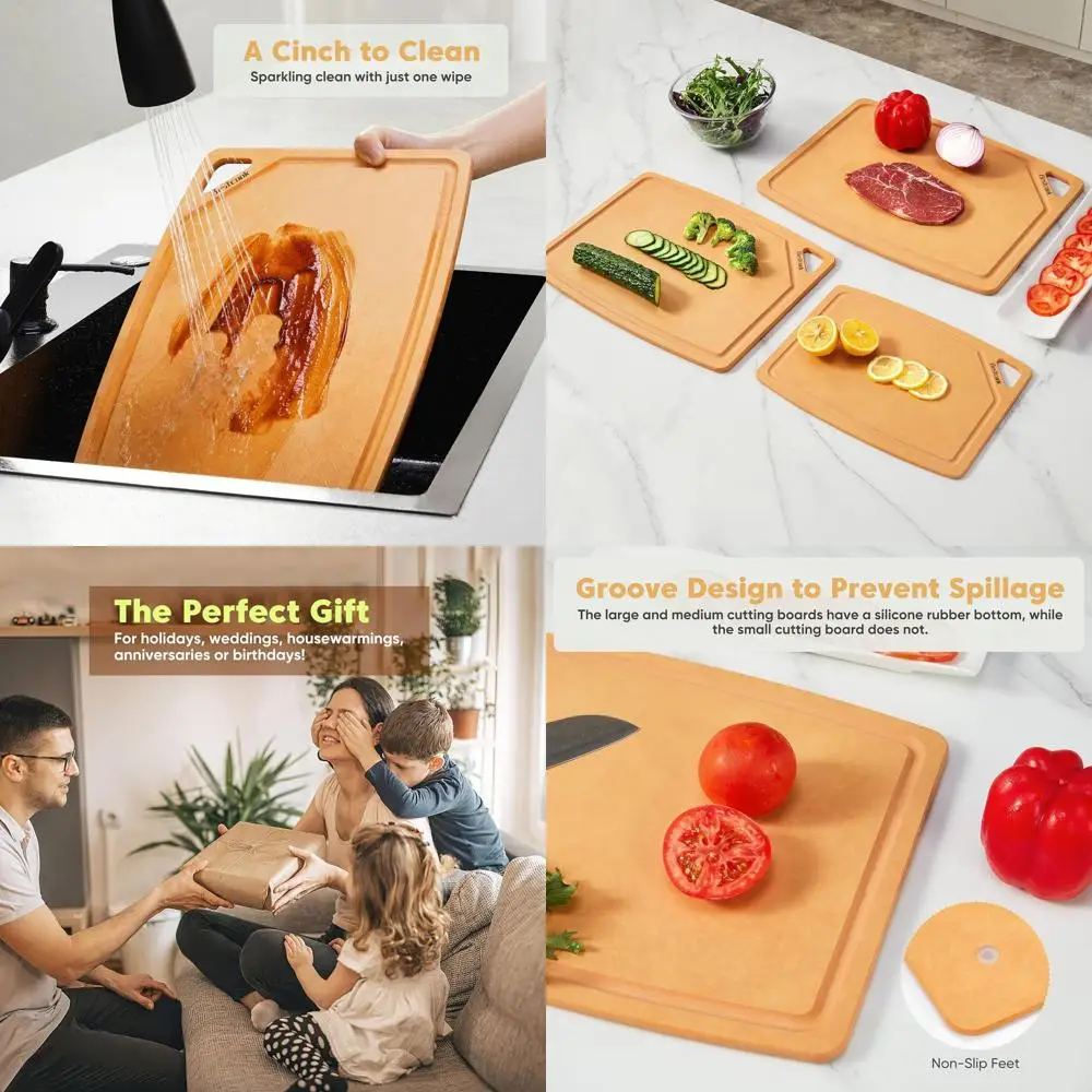 

Set of 3 Wood Fiber Composite Cutting Boards with Juice Groove, Dishwasher Safe, Non-Toxic, BPA-Free, Non-Slip, Durable for Chop