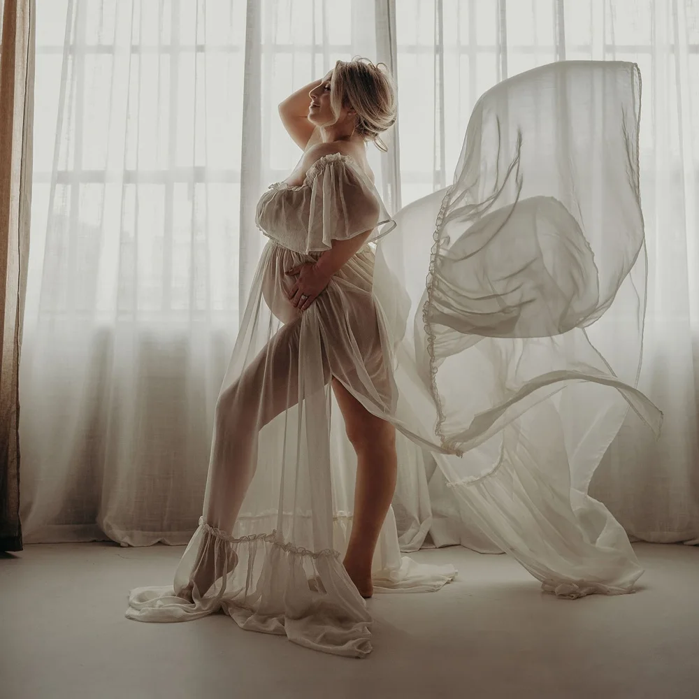 Maternity Dresses Photoshoot Studio Clothing Sexy Chiffon Off Shoulder Ruffle Edge Dress Pregnant Women Photography Gowns