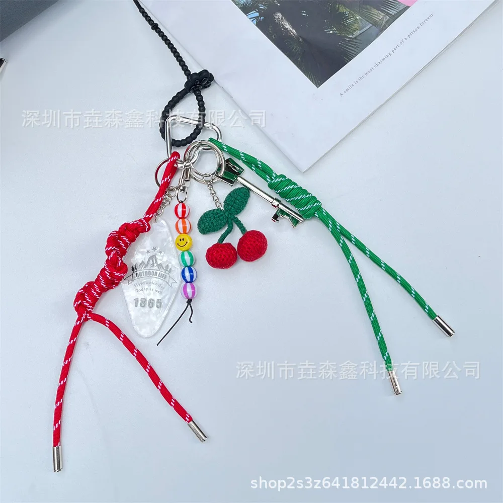 Original DIY Self-made Style pendant colored rope bag pendant smiley face rainbow beaded cherry bag pendant keychain