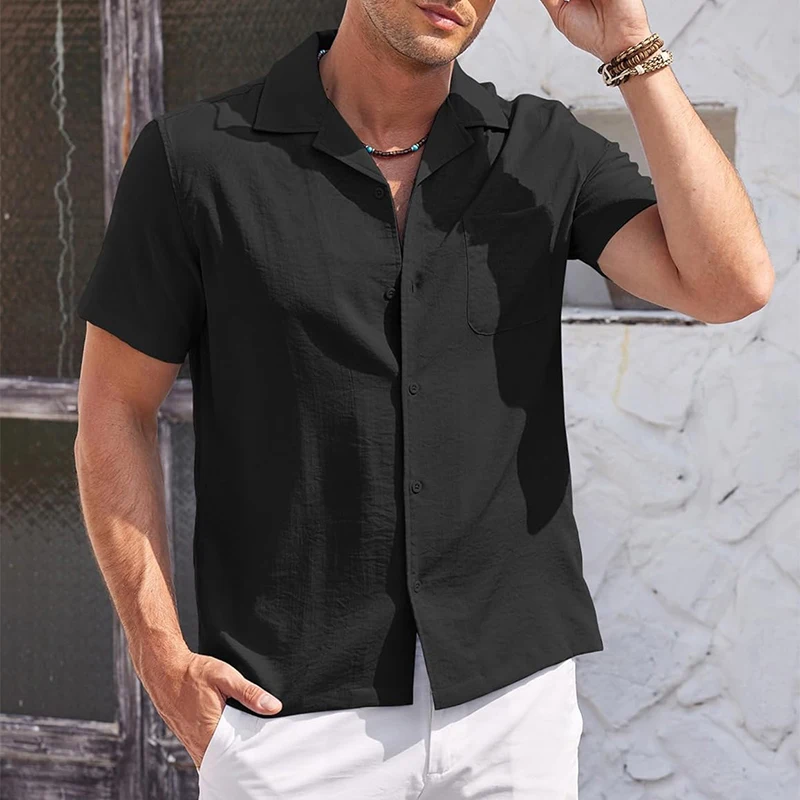 New Casual Simple Pure Color Mens Shirt 2024 Summer Beach Leisure Breathable Loose Short Sleeve Cardigan Men Tops Fashion Shirts