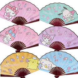 Kawaii Hello Kitty Folding Fan Sanrioed Melody Kuromi Cinnamoroll Xo Pochacco Bamboo Fan Hangyodon Pom Pom Purin Hand Fan