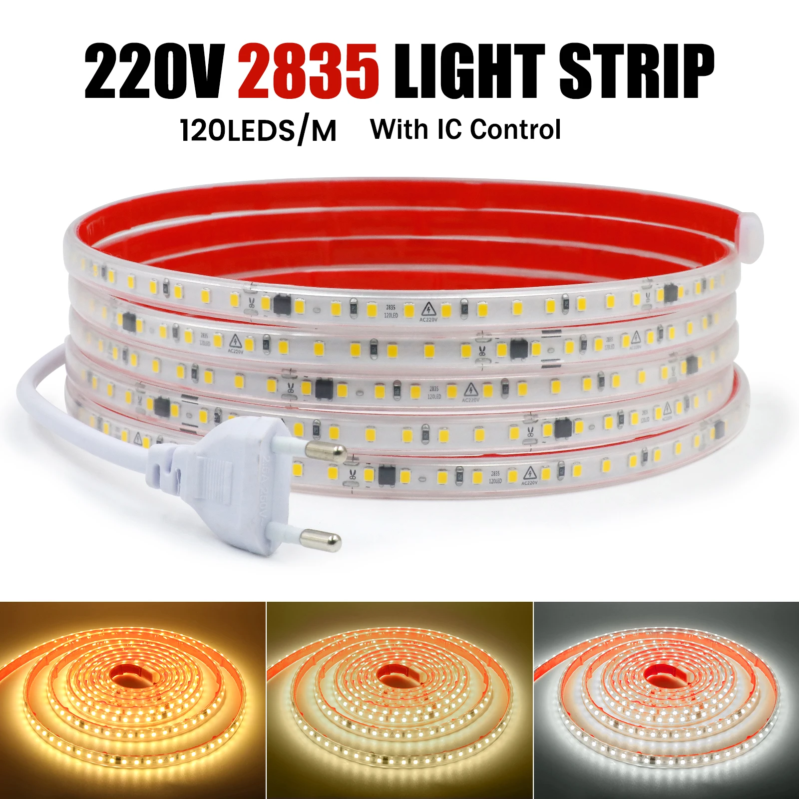 

220V LED Strip Light with IC 10cm Cuttable Soft Lamp Bar 2835 120LEDs IP65 Waterproof Flexible LED Tape Ribbon Adhesive Tape