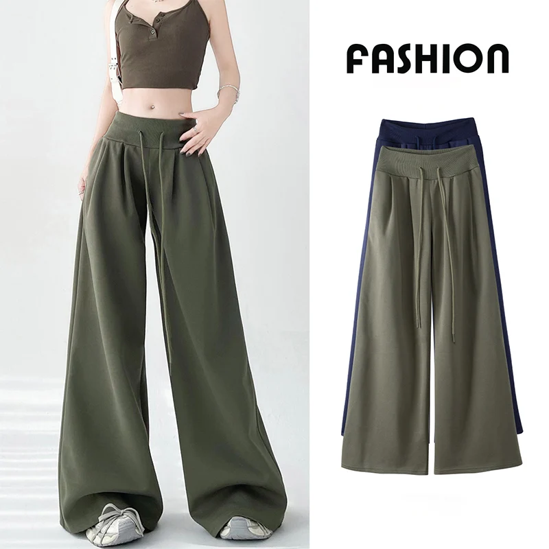 

American Retro Low Waist Wide Leg Sweatpants Woman Y2K Drawstring Hip Hop Pant New Fashion Baggy Dark Green Straight Pant Women