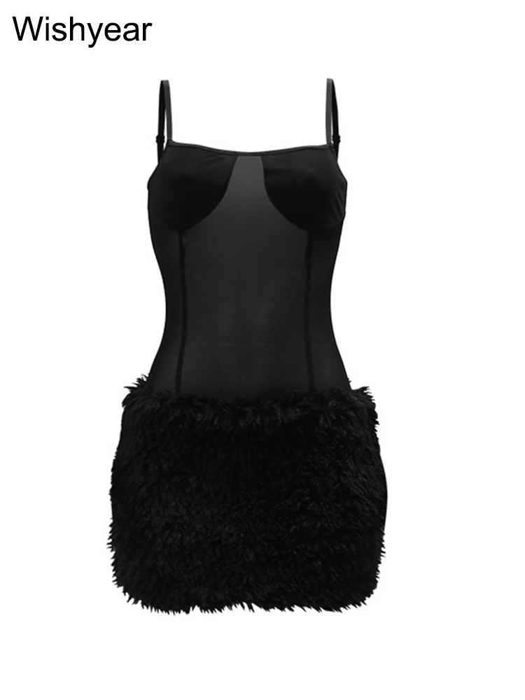 Nuove donne soffice pelliccia patchwork mini abito nero maglia trasparente aderente night club senza spalline backless autunno compleanno abiti
