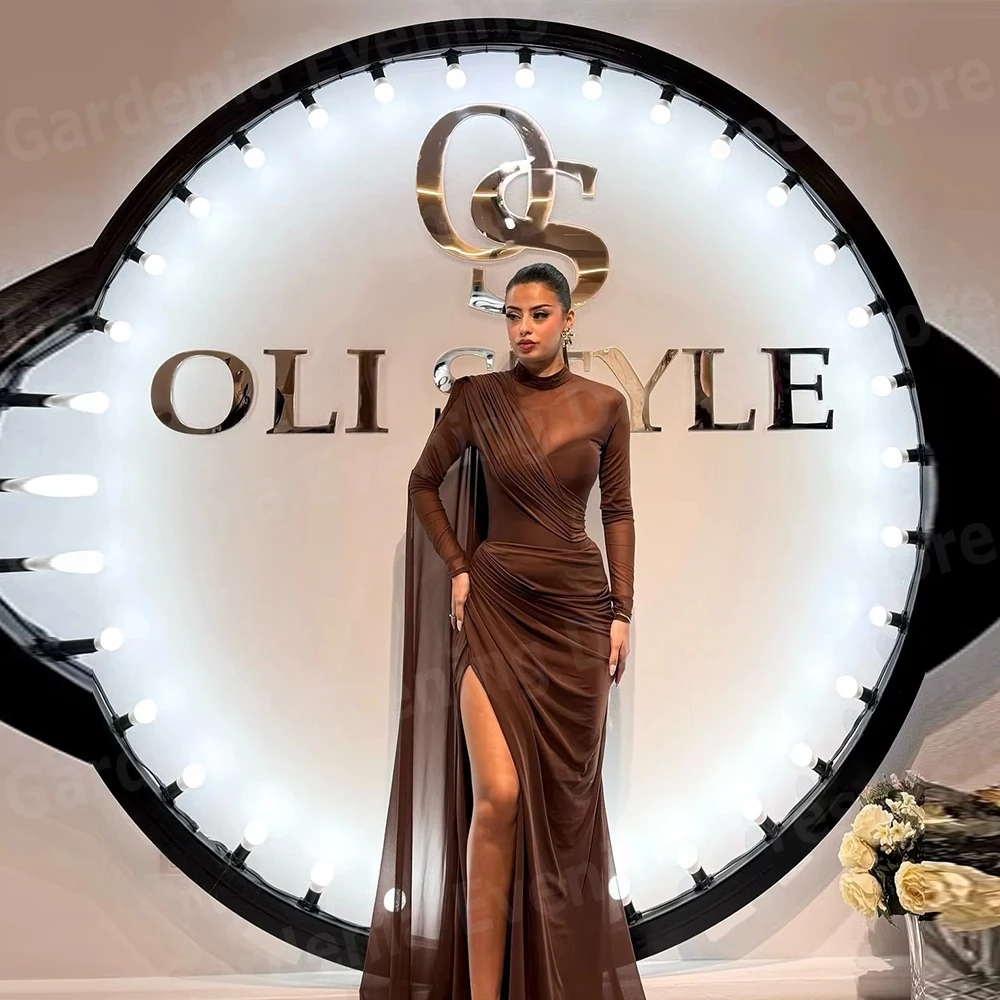 Robe De Soirée sirène élégante pour femmes, col haut, manches longues, robes De bal personnalisées, fente latérale