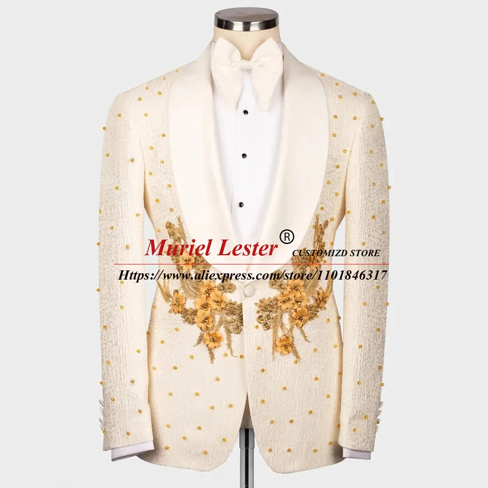 

Luxury Floral Men's Suits Formal Groom Wear Wedding Tuxedo 3 Pieces Male Prom Dress Elegant Gold Appliques Jacket Vest Pants